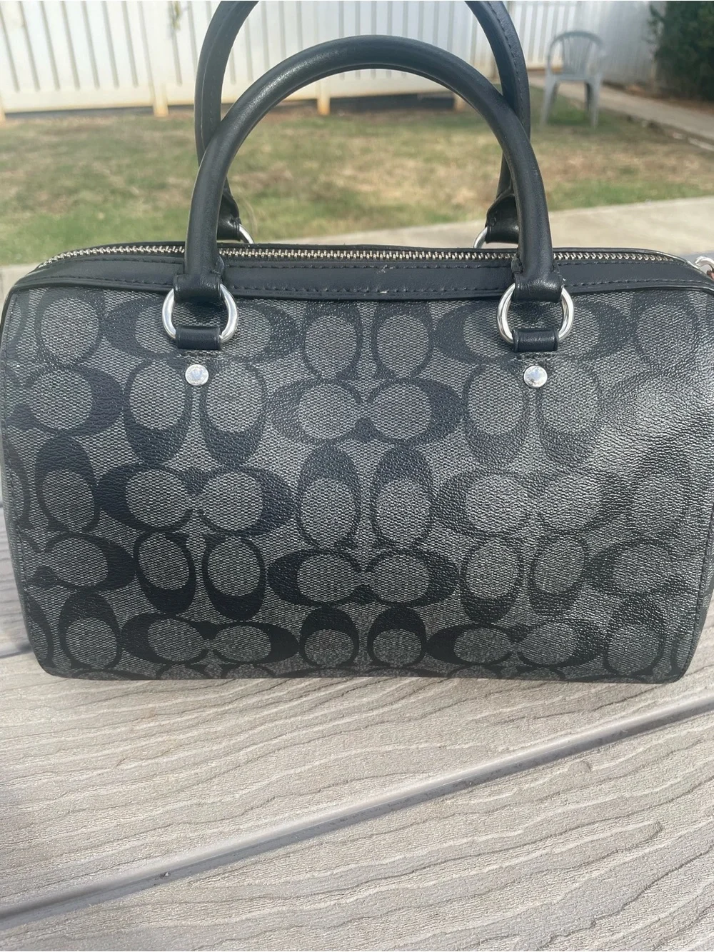 Coach Medium Black Signature Canvas Rowen with Silver Hardware